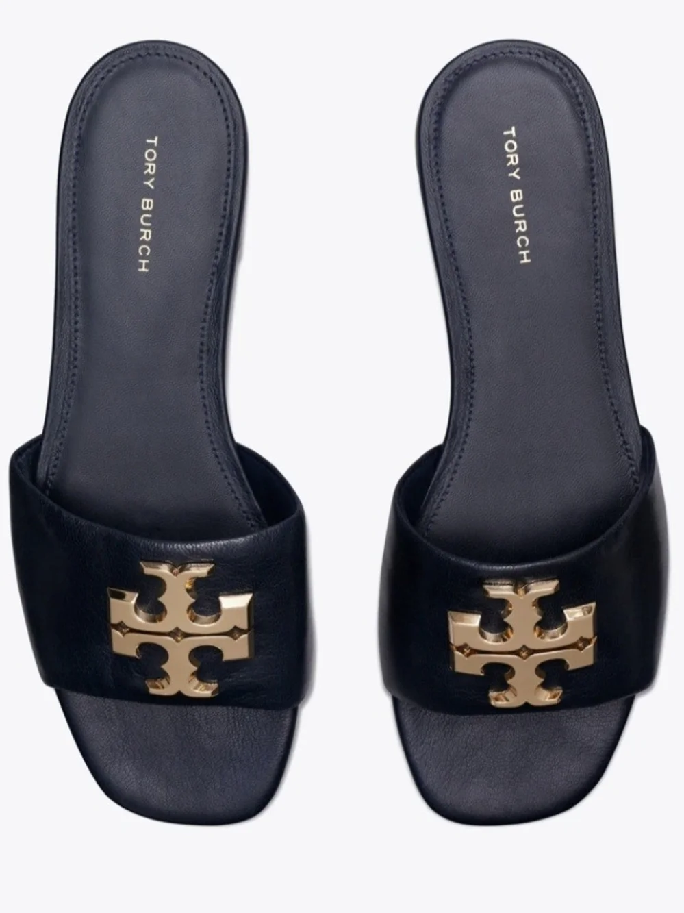 Tory Burch Navy Leather Slide Sandals with Gold Emblem